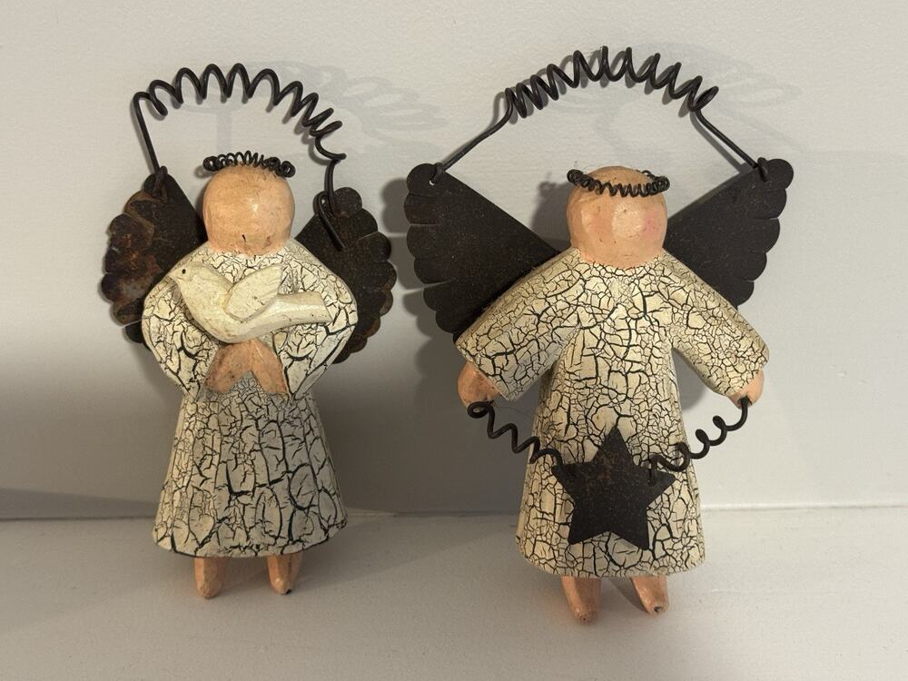 Vintage Cottagecore Wooden Angels Tin Wings Dove Star